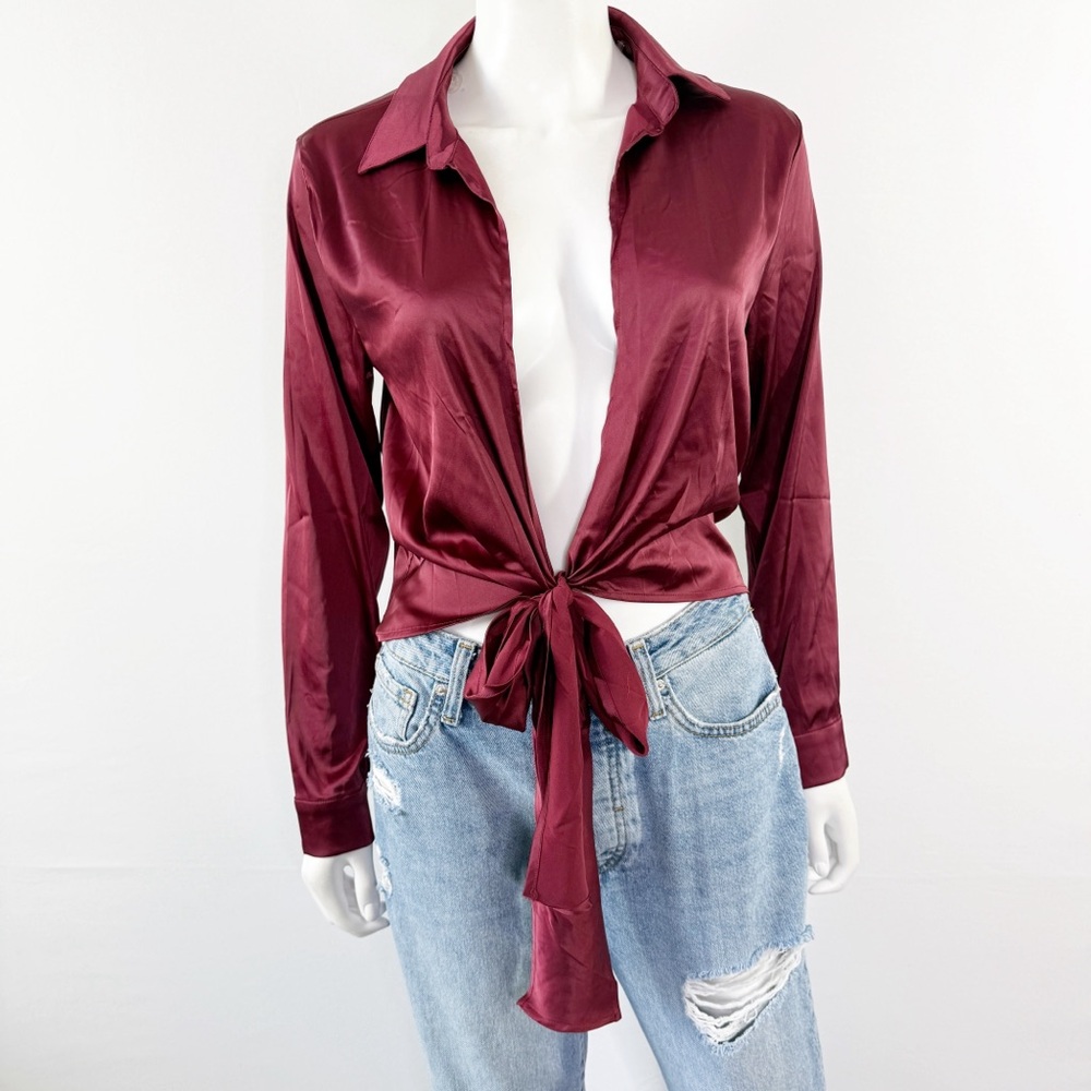 Windsor Burgundy Red Satin Front Knot Blouse Size S D… - Gem